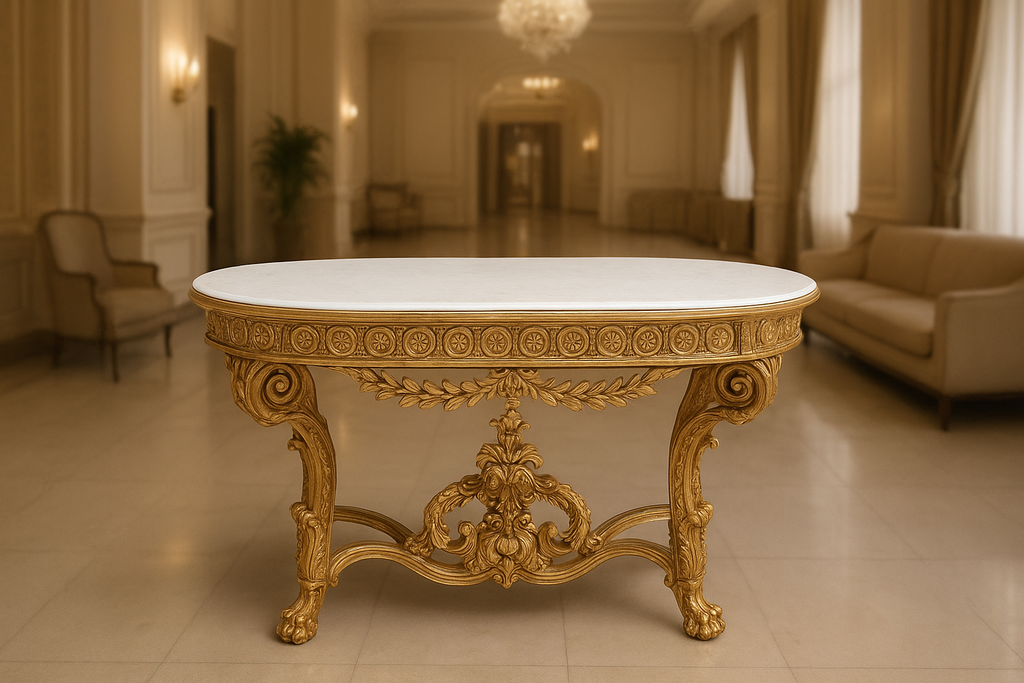 Consolle FOGLIA ORO Luigi XVI per salone piano in travertino