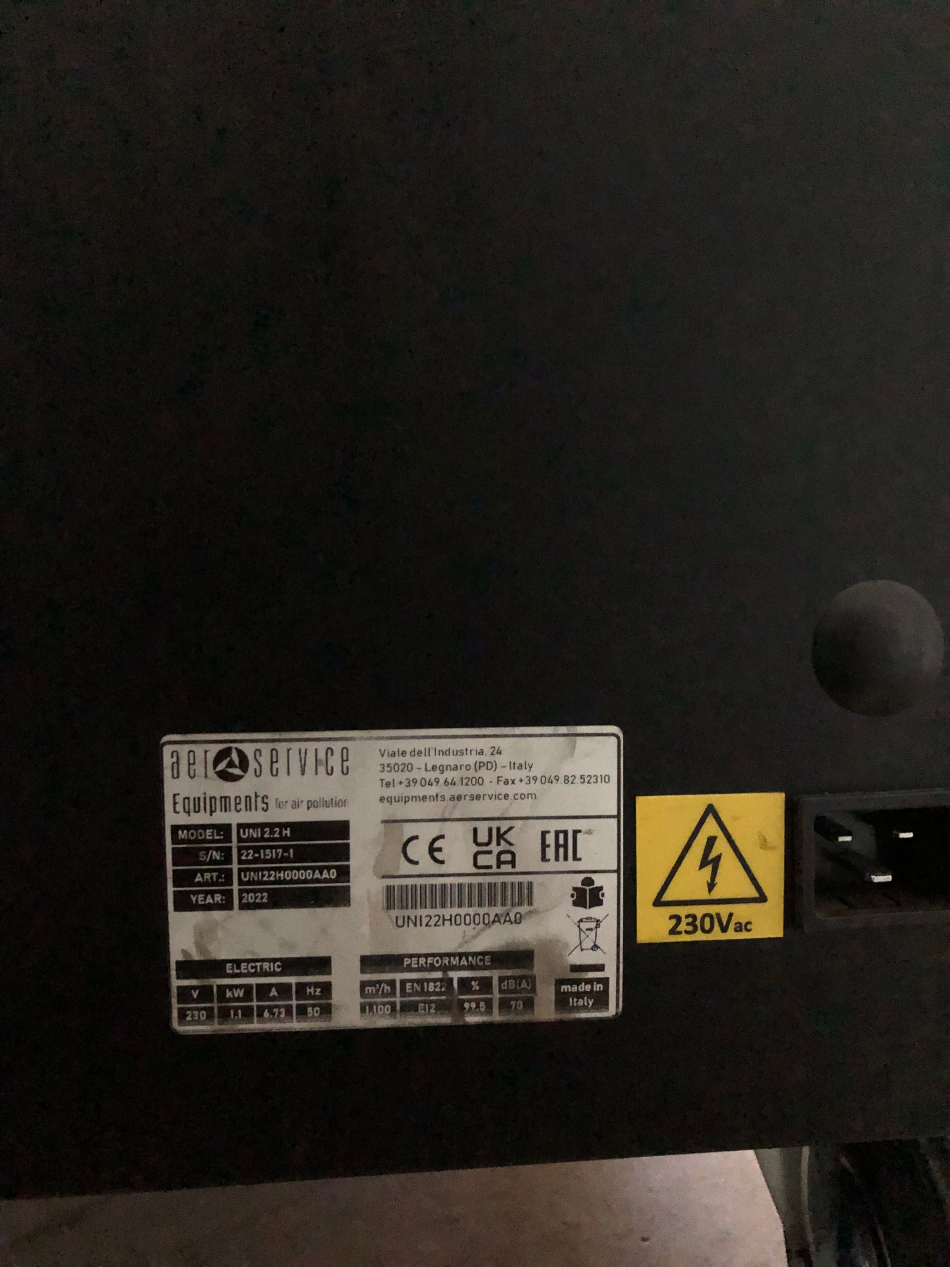 Aspiratore carrellato per fumi di saldatura Aer Service Equipments UNI 2.2H