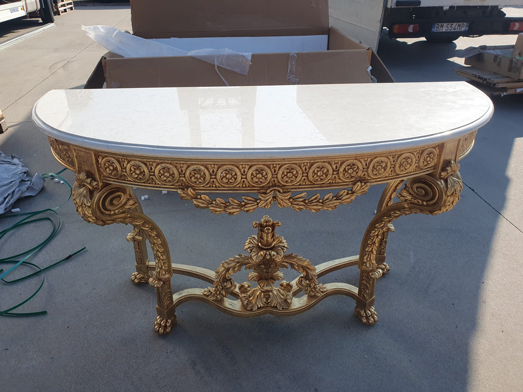 Consolle FOGLIA ORO Luigi XVI per salone piano in travertino