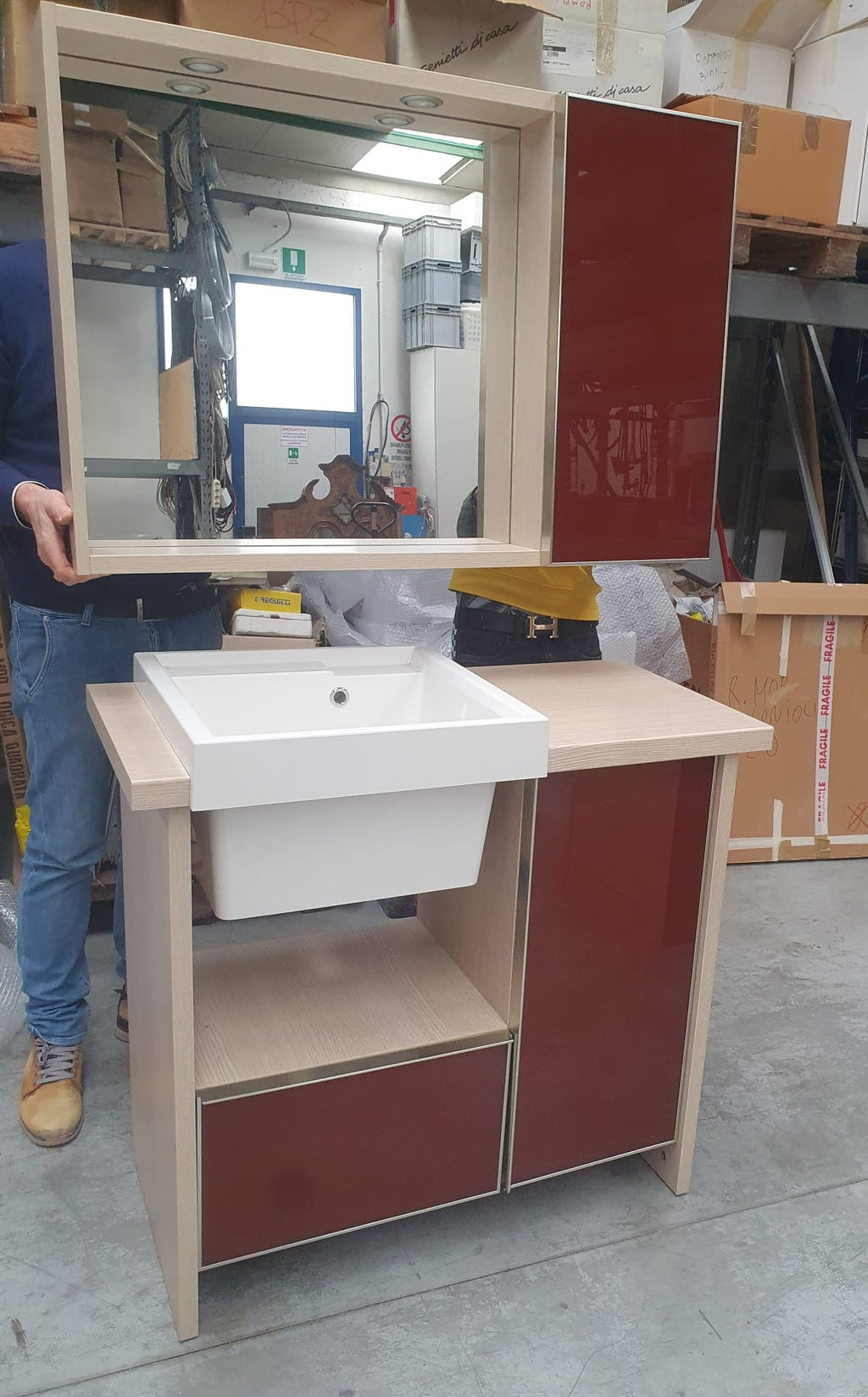 Mobile lavanderia rovere chiaro e rosso rubino