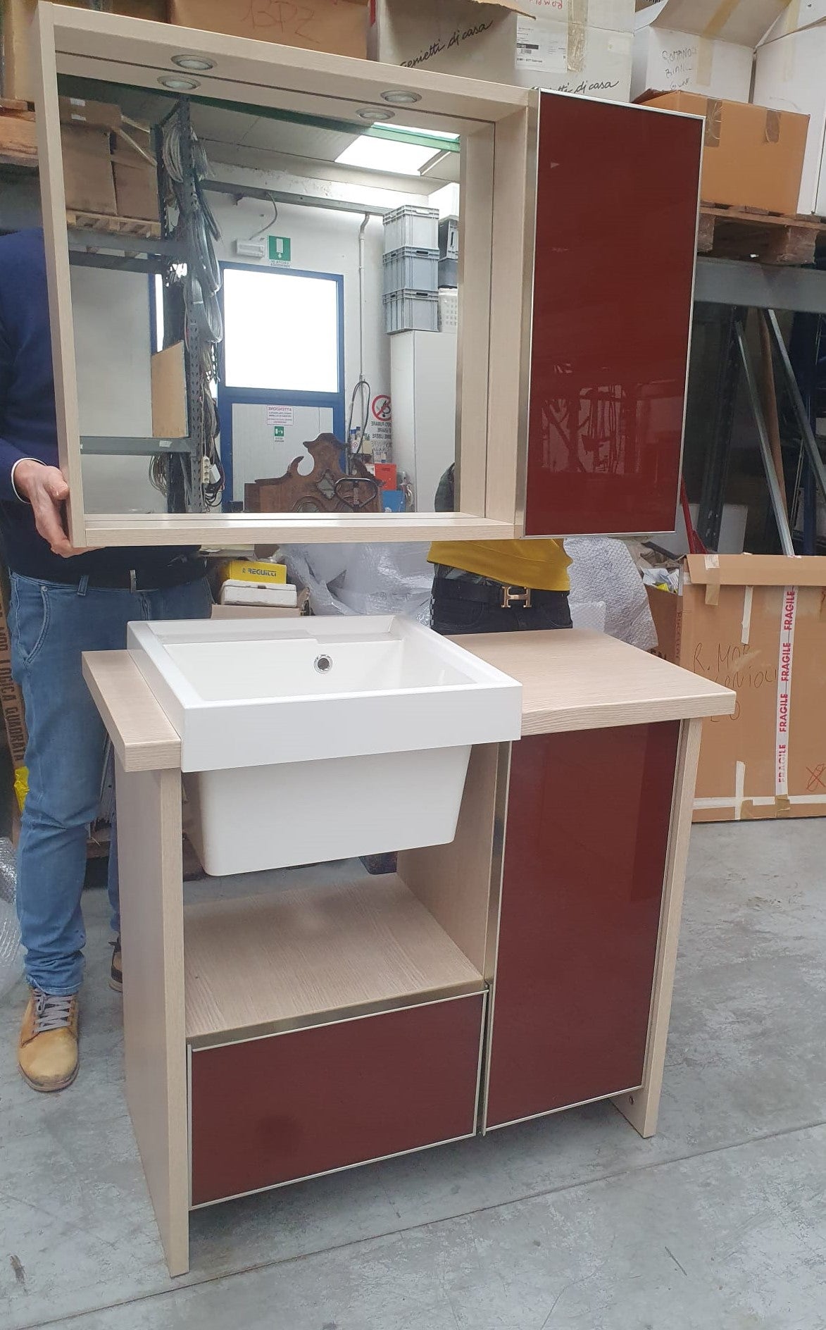 Mobile lavanderia rovere chiaro e rosso rubino