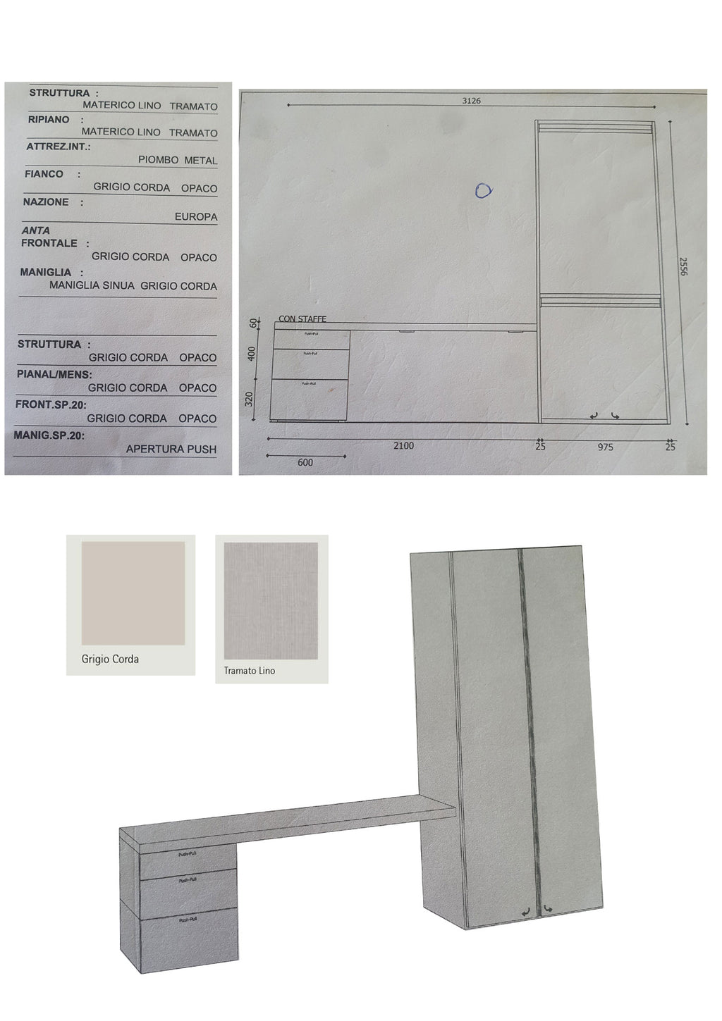 Armadio 2/ante battenti GRIGIO CORDA con scrivania in appoggio