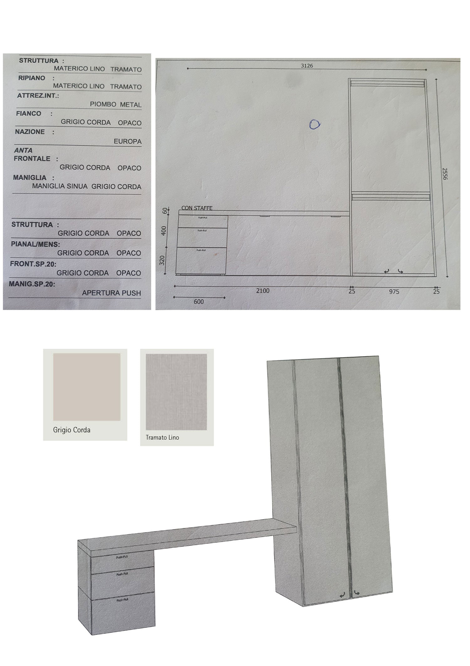 Armadio 2/ante battenti GRIGIO CORDA con scrivania in appoggio